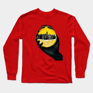 A hand holding a city inside a lemon Long Sleeve T-Shirt